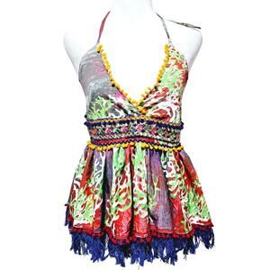 Antica Sartoria by Giacomo Cinque Embroidered Babydoll Halter Neck Top Sz M Boho